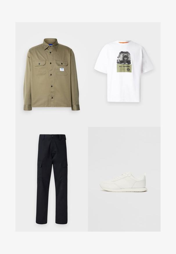 Olive green button-up shirt made of smooth fabric, featuring two chest pockets, black buttons, and a blue and white brand label.; White cotton t-shirt featuring a graphic of a vehicle and the text "ALL-TERRAIN" in green, with a black and white design. Orange inner collar.; Black cargo pants made of sturdy fabric, featuring a straight-leg cut, two side pockets, and a button closure at the waistband.; White sneaker with a mesh and synthetic upper, round toe, flat laces, and a textured side stripe. Rubber sole with a pull tab at the back.