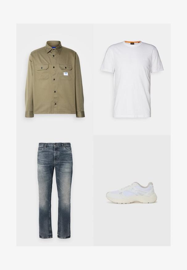Oliwkowa koszula zapinana na guziki uszyta z gładkiego materiału, z dwiema kieszeniami na piersi, czarnymi guzikami oraz niebiesko-białą metką marki.; Biała bawełniana koszulka z okrągłym dekoltem, krótkimi rękawami oraz subtelnie wytłoczonym logo na klatce piersiowej. Wewnętrzna metka ma pomarańczowy akcent.; Niebieskie dżinsy z prostą nogawką. Jasno wyblakłe miejsca, klasyczny pięciokieszeniowy krój oraz pojedynczy metalowy guzik z przodu w pasie.; Białe sportowe buty wykonane z siateczki i zamszu, z teksturowaną podeszwą środkową, teksturowanymi akcentami i logo "HUGO" z boku.