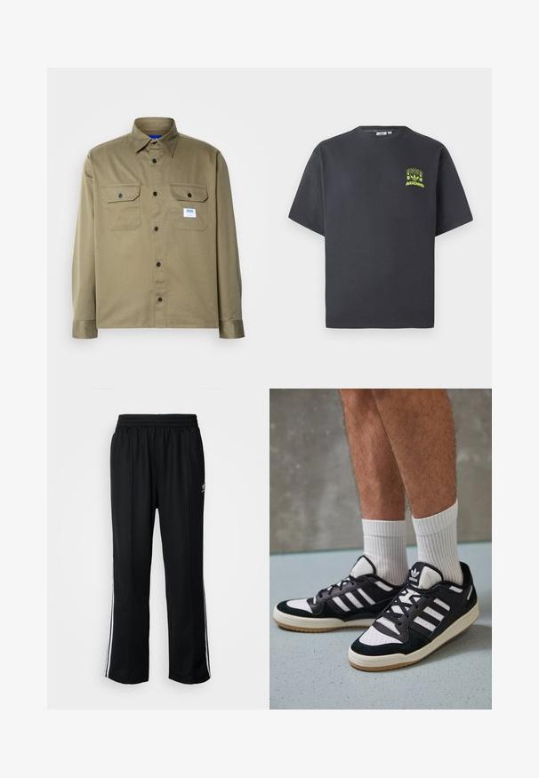 Olivgrünes Hemd mit Knopfleiste aus glattem Stoff, ausgestattet mit zwei Brusttaschen, schwarzen Knöpfen und einem blau-weißen Markenlabel.; Dunkelgraues Adidas-T-Shirt mit kurzen Ärmeln und einem kleinen neongrünen Aufdruck von Lautsprechern, Sonne und dem Adidas-Logo auf der linken Brust.; Schwarze Sporthosen mit elastischem Bund, ausgestattet mit weißen Seitenstreifen und einem kleinen Logo. Das Material wirkt weich und leicht.; Schwarz-weiße Sneaker mit einem Obermaterial aus Wildleder und Leder, ausgestattet mit drei weißen Streifen, einer perforierten Zehenpartie und einer Sohle aus Gummi.