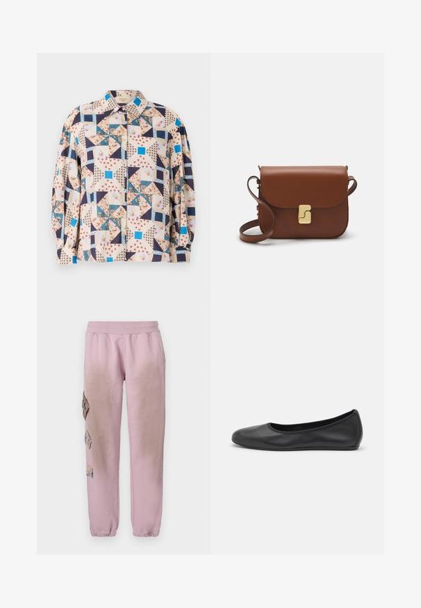 Overhemd met knopen en een patchworkontwerp met bloemen- en geometrische patronen in beige, blauw, marineblauw en rode tinten; lange mouwen.; Roze sweatpants met een elastische tailleband, voorzien van decoratieve patches in ruitvorm aan de linkerkant en elastische boorden bij de enkel.; Zwarte leren ballerina met een ronde neus, gladde textuur, minimale stikdetails en een flexibele zoolontwerp.; Bruine leren handtas met een klep sluiting, gouden hardware, een schouderband en een gladde textuur. Compact rechthoekige vorm.