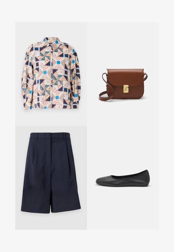 Button-up shirt featuring a patchwork design with floral and geometric patterns in beige, blue, navy, and red tones; long sleeves.; Navy blue tailored shorts made from a smooth fabric with a high waist, pleats at the front, and side pockets. Clean, structured silhouette.; Black leather ballet flat with a rounded toe, smooth texture, minimal stitching detail, and a flexible sole design.; Brown leather handbag with a flap closure, gold-tone hardware, a shoulder strap, and a smooth texture. Compact rectangular shape.