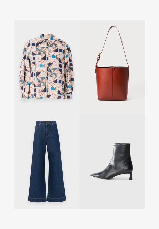 Srajca na zapenjanje z patchwork dizajnom, ki vključuje cvetlične in geometrijske vzorce v bež, modri, mornarsko modri in rdečih tonih; dolgi rokavi.; Svetlo modri jeans širokih nogavic z visokim pasom, ki imajo zaponko, težke zanke za pas in subtilne šive ob žepih in robovih.; Črne usnjene gležnjarje s šiljastim nosom in elegantnim dizajnom. Imajo nizko peto in zadrgo na zadnji strani. Gladka tekstura.; Rjava usnjena torba v obliki vedra z nastavljivim ramenskim trakom in zlatim sponko, preprosta navpična šivna podrobnost spredaj.