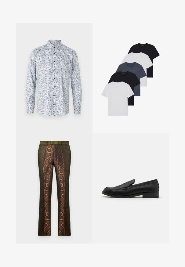 Camicia a maniche lunghe con base bianca, caratterizzata da un motivo floreale in blu e verde scuro. Bottoni neri e design del colletto classico.; Set di cinque t-shirt in nero, bianco e blu navy. Tessuto di cotone, maniche corte, design a collo rotondo e texture semplice senza motivi.; Pantaloni verdi a fantasia con motivo a pelle di serpente in tonalità di marrone e arancione, taglio dritto e texture liscia.; Mocassini in pelle nera con finitura liscia, punta arrotondata e una piccola pattina decorativa. Presentano un tacco basso e impilato e un sottile dettaglio di branding.