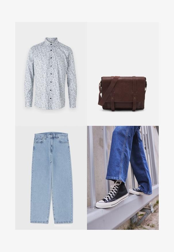 Srajca s dolgimi rokavi z belim osnovnim slojem, ki vsebuje cvetlični vzorec v modri in temno zeleni barvi. Črni gumbi in klasično oblikovan ovratnik.; Bela bombažna majica brez rokavov z okroglo izrezom, širokimi naramnicami in ravnim robom, ki se ponaša z gladko teksturo in brez vidnih vzorcev.; Svijetloplave traperice s ravnim nogavicama, srednjeg struka, pet džepova te zatvaranjem na gumb i munju.; Črne visoke teniske z belim podplatom in vezalkami, v kombinaciji z ohlapnimi modrimi džinsom, naslonjene na sivo ograjo.; Rjava usnjena torba za sporočila z ravnim sprednjim poklopcem, dvema trakovoma, zlatimi kovinskimi detajli in nastavljivim naramnim pasom.