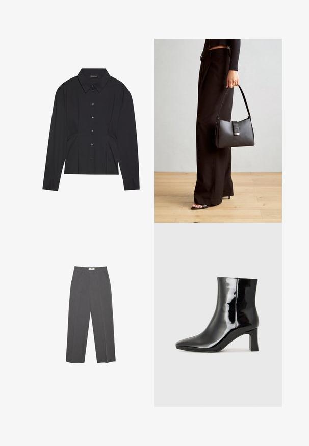 Čierna košeľa s dlhým rukávom, s špicatým golierom, gombíkovým zapínaním a skladaným dizajnom v oblasti pása. Vyrobená z hladkého materiálu s priliehavými manžetami.; Šedé nohavice so rovnými nohavicami vyrobené z textúrovanej látky, s mierne zvýšeným pásom, pútkami na opasok a bočnými vreckami. Bez viditeľných vzorov alebo akcentov.; Čierne lakované členkové topánky s špicatou špičkou a stredne vysokým blokovým podpätkom. Hladká textúra a minimalistický dizajn.; Čierna kabelka so štruktúrovaným tvarom, hladkou textúrou a kovovou sponou. V kombinácii so širokými čiernymi nohavicami a sandálmi s otvorenou špičkou na drevenej podlahe.