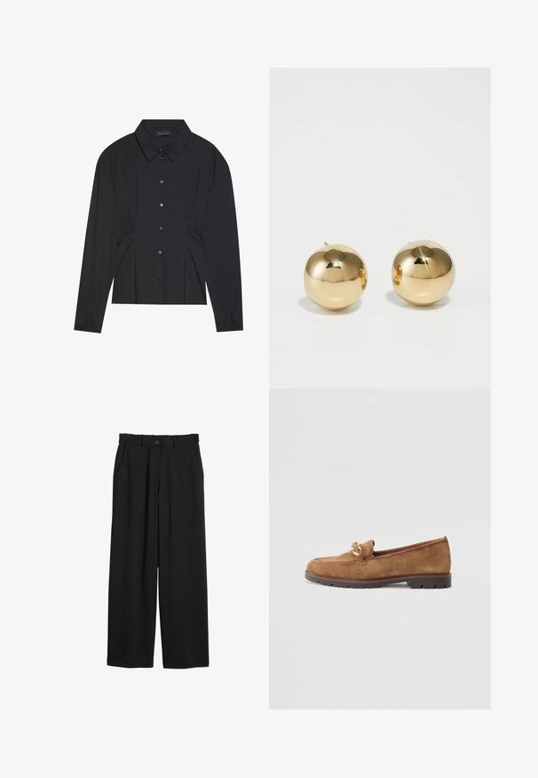 Sort langærmet skjorte med spids krave, knapfront og plisseret design ved taljen. Fremstillet af glat stof med tætsiddende manchetter.; Sorte brede bukser lavet af glat stof, med elastisk talje, frontlommer og knaplukning i taljen.; Tamaris Loafers - camel; Guld kegleformede ørestikker med en poleret finish og lille stift. Har en glat tekstur og reflekterende overflade.