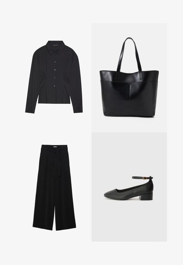 Black long-sleeve shirt with a pointed collar, button front, and pleated design at the waist. Made from smooth fabric with fitted cuffs.; Black wide-leg pants featuring a textured fabric, an elastic waistband, and a detachable sash tie at the waist for adjustable fit.; Black leather pump with a pointed toe and a low block heel. Features an ankle strap with a gold-tone buckle. Smooth texture.; Black leather tote bag with two long handles, a smooth texture, and a structured shape. Features a front pocket for additional storage.