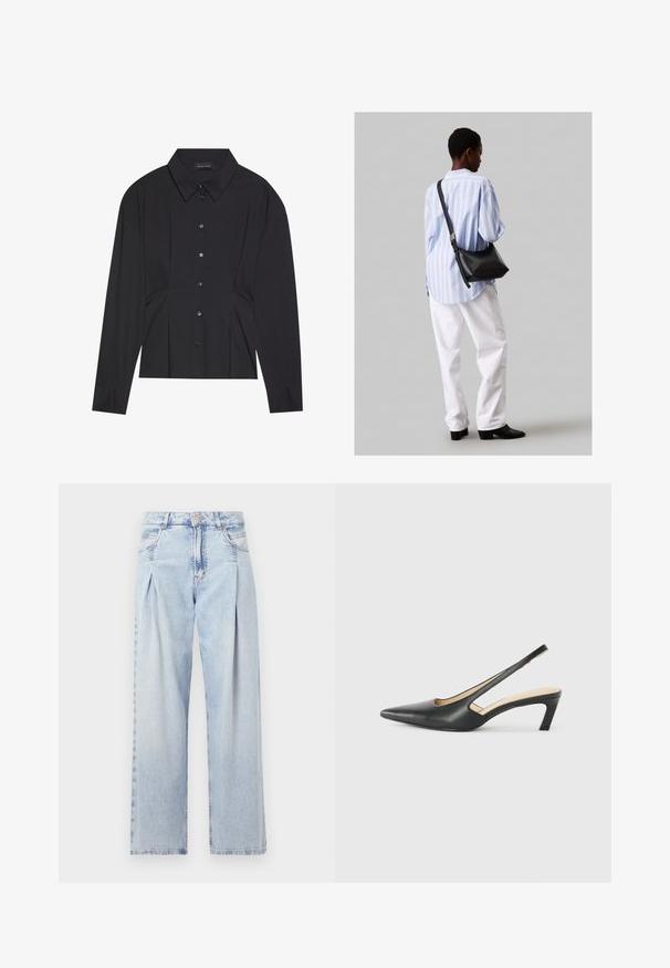 Black long-sleeve shirt with a pointed collar, button front, and pleated design at the waist. Made from smooth fabric with fitted cuffs.; Light blue denim jeans with a high waist, wide-leg cut, two side pockets, and pleated design feature. Soft texture with a faded finish.; Black pointy-toed slingback shoe with a low heel, featuring smooth leather material and cut-out design on the side for breathability.; Black leather shoulder bag with a soft texture, triangular shape, and adjustable strap, paired with a light blue striped shirt and white pants.