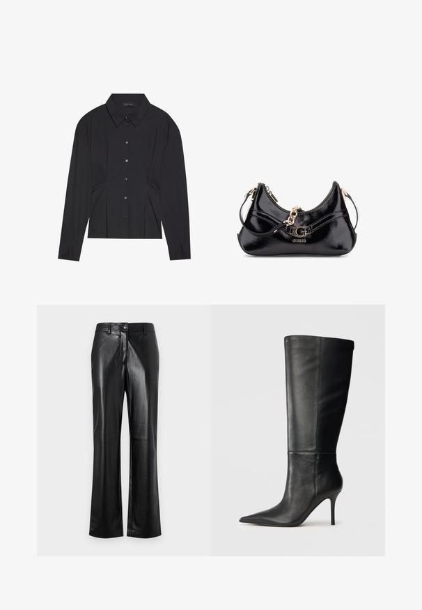 Black long-sleeve shirt with a pointed collar, button front, and pleated design at the waist. Made from smooth fabric with fitted cuffs.; Black leather pants with a straight leg design, featuring a front button closure, belt loops, and a smooth, polished texture.; Black leather knee-high boot with pointed toe and slim stiletto heel, smooth texture, side profile on neutral background.; Black patent leather bag featuring a curved design, gold hardware accents, and a prominent logo. Includes a removable shoulder strap.