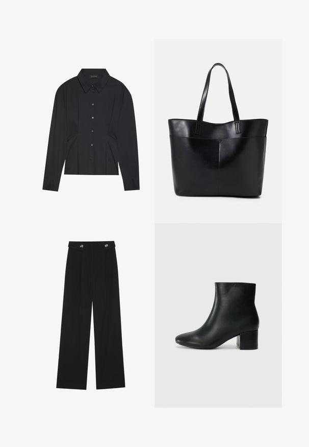Zwarte langharige shirt met een puntkraag, knoopsluiting aan de voorkant en geplooid ontwerp bij de taille. Gemaakt van soepel materiaal met aansluitende manchetten.; Zwarte wijde broek met hoge taille, knoopdetails op de tailleband en plooien aan de voorkant.; Zwarte leren enkellaarzen met een spitse neus en een chunky hak. Gladde textuur met minimale accenten en een slank, strakk ontwerp.; Zwarte leren tote bag met twee lange handvatten, een zachte textuur en een gestructureerde vorm. Voorzien van een voorvak voor extra opslagruimte.