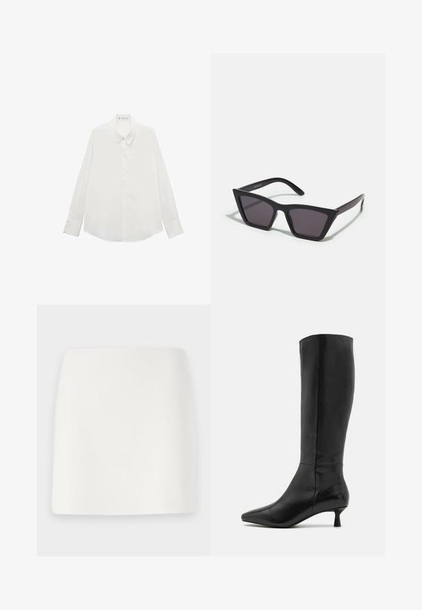 Dlhá biela blúzka s hladkým materiálom, vybavená špicatým golierom a gombíkmi na manžetách, s rovnomerným lemom a bez vzorov.; Biely priliehavý mini sukňa s hladkým povrchom a čistými líniami. Žiadne viditeľné vzory ani kovové prvky. Priamy lem na spodnej časti.; Zign Čižmy - black; Čierne, ostré slnečné okuliare so sivými sklami; vyrobené z plastu, majú hrubé ramená s hladkým povrchom a bez viditeľnej mechaniky.; Čierna semišová kabelka na ruku so zipsovým uzáverom a odnímateľným zápästným popruhom. Obsahuje zlaté kovové komponenty a hladký, matný povrch.