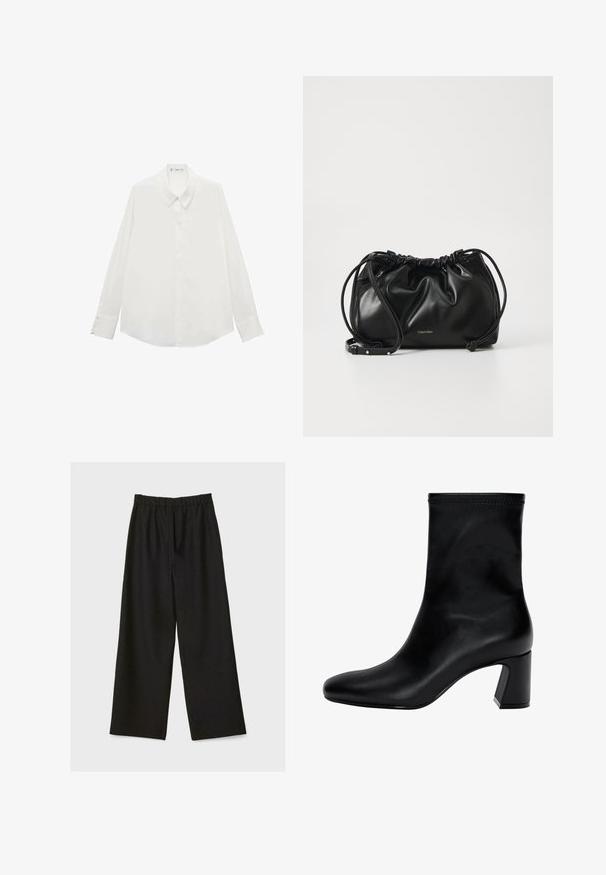 Witte blouse met lange mouwen van gladde stof, met een puntige kraag en knoopmanchetten, een rechte zoom en zonder patronen.; Zwarte wide-leg broek met elastische tailleband, plat weergegeven op een lichte achtergrond.; Zwarte enkellaars van soepel leer. Heeft een vierkante neus, een elastische bovenkant en een chunky hak voor stabiliteit. Minimalistisch ontwerp.; Zwarte leren handtas met geplooid ontwerp, dubbele trekkoordsluiting en afneembare schouderband. Voorzien van metallic logo detail.