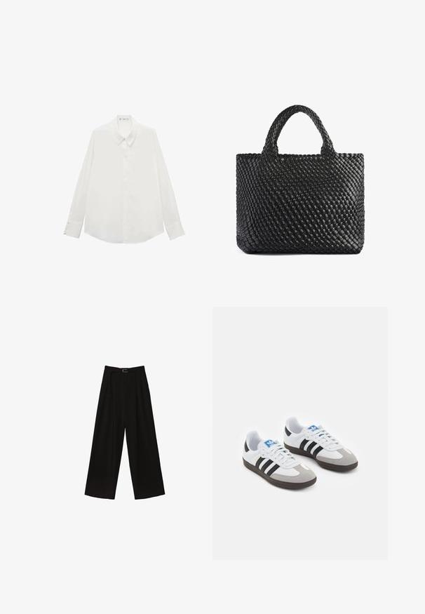 Vit blus med lång ärm gjord av slät tyg, med spetsig krage och knappade manschetter, rak nederkant och utan mönster.; Svarta vida byxor med hög midja, med ett bälte i midjan och veck för textur. Tillverkade av ett slätt, lätt material.; Sportskor med överdel i vit läder, grå mocka på tårna och tre svarta ränder. Har en blå logotyp på tungan och en texturerad gummisula.; Svart vävd toteväska med två handtag, med en texturerad yta och rektangulär form. Enkel, unik design utan synlig hårdvara.