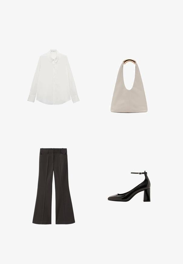 Dlhá biela blúzka s hladkým materiálom, vybavená špicatým golierom a gombíkmi na manžetách, s rovnomerným lemom a bez vzorov.; Čierne rozšírené nohavice s vysokým pásom; majú dve bočné vrecká a hladkú textúru látky. Vhodné na rôzne príležitosti.; Čierne lakované lodičky na členku s lesklým povrchom, špicatou špičkou a širokým blokovým podpätkom. Hladká textura, minimálne detaily.; Svetlosivá kožená taška s U-tvarom a zakrivenou kovovou rukoväťou. Hladký povrch s minimálnym prešívaním a bez viditeľných vzorov.