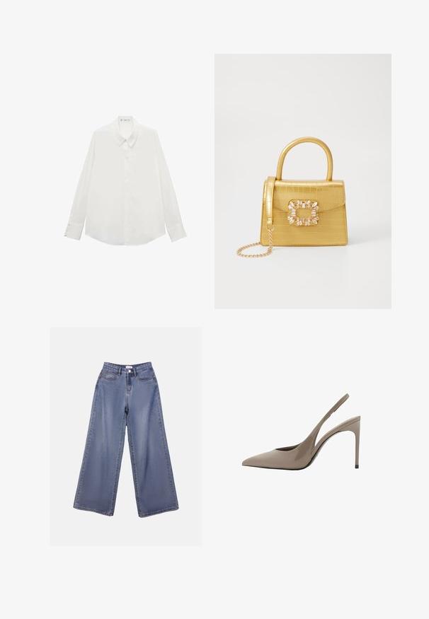 Langærmet hvid bluse lavet af glat stof, med spidse kraver og knappede manchetter, lige kant og ingen mønstre.; Bredde denim jeans i en lys blå vask, med høj talje, forlommer og knaplukning med bæltestropper.; Beige patentlæder slingback højhælede sko med spidse tæer og et strømlinet design, som har en tynd høj hæl og et udsnit på siden.; Gul faux-krokodille skuldertaske med struktureret design, top-håndtag, aftagelig kædetraske og dekorativ krystaldekoration på låsen.