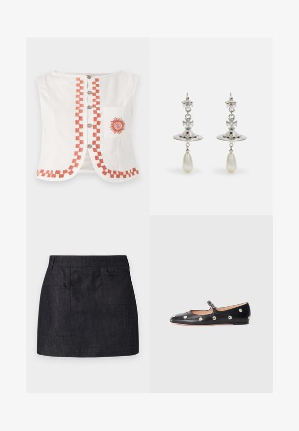 Hvid ærmeløs top med et geometrisk orange mønster langs fronten og kanten, med dekorative knapper og en lomme med et solmotiv.; Mørk denimnederdel med lige snit, der har to forlommer og en subtil tekstur. Ren kant og standard taljedesign.; Sorte læder Mary Jane flad sko med en rund tå, udstyret med sølvfarvede runde nitter og en justerbar rem med spænde.; Sølvøreringe med en cirkulær ring, prydet med funklende sten og en dråbeperle som vedhæng. Distinkt design med indviklede detaljer.