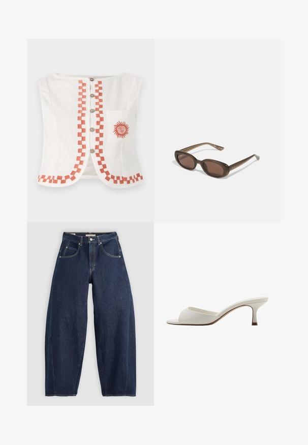 Biela bezrúška s geometrickým oranžovým vzorom pozdĺž prednej časti a lemovania, so dekoratívnymi gombíkmi a vreckom so slnečným motívom.; Tmavomodré džíny z denimu s voľným strihom, svetlým šitím, piatimi vreckami a zapínaním na gombík v páse.; Biele sandále na vysokom podpätku otvorené na špičke s hladkým povrchom, minimalistickým dizajnom a štíhlym podpätkom, s jemným hnedým akcentom na podrážke.; Hnedé oválne slnečné okuliare s tmavými sklami. Rám je vyrobený z priesvitného hnedého materiálu a na spánkoch má vytlačené logo.; Zelená kožená kabelka s hladkým povrchom, zakriveným tvarom a vrkočovou rúčkou. Obsahuje zipsový uzáver a nastaviteľný popruh.