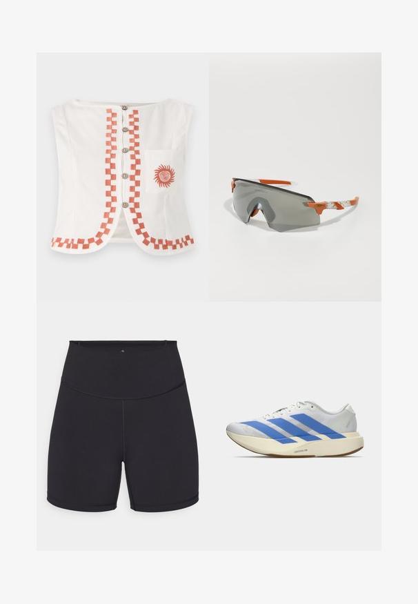 Fehér ujjatlan felső, amelyen geometrikus narancssárga minta található az elején és az alján, díszcsekkekkel és napmotívummal ellátott zsebbel.; Fekete sportos rövidnadrág rugalmas anyagból. Magas derékkal és sima varratokkal rendelkezik. Aktív viselethez és edzéshez is alkalmas.; Fehér sportcipő kék csíkkal, textúrált felső résszel, lapos talppal és "LIGHTSTRIKE PRO" felirattal az oldalon. Alacsony profilú dizájn.; Sport napszemüveg szürke lencsével, narancssárga részletekkel és mintázott fehér szárakkal. Teljesítményre tervezve, körbeölelő formával.
