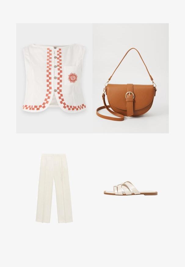Hvid ærmeløs top med et geometrisk orange mønster langs fronten og kanten, med dekorative knapper og en lomme med et solmotiv.; Bredbenede bukser i en lys cremefarve. Fremstillet af et glat stof med plisseringer foran og sidelommer.; Flade sandaler med en lys gummisål, designet med tre overlappende hvide læderremme og en lille sløjfe detalje i midten.; Brun læder crossbody taske med en buet form, guldfarvet hardware og en spændeaccent. Har en aftagelig skulderrem.