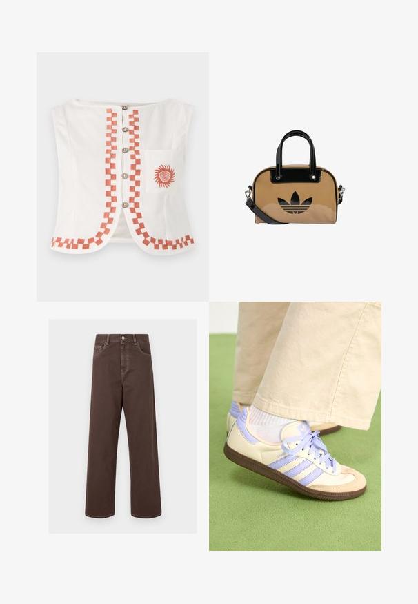 Hvit ermeløs topp med et geometrisk oransje mønster langs fronten og kanten, med dekorative knapper og en lomme med et solmotiv.; Brune vide ben bukser i denim med kontrasterende syninger, fem lommer og metalknaplukning. Glat tekstur, lige snit.; Kremfargede og lavendelfargede joggesko med tre striper og en teksturert brun såle, med lisser og en polstret hæl. Mykt stofføvre.; Beige håndveske med svarte lakklærdetaljer, rund form, doble håndtak og et preget svart logo på forsiden.