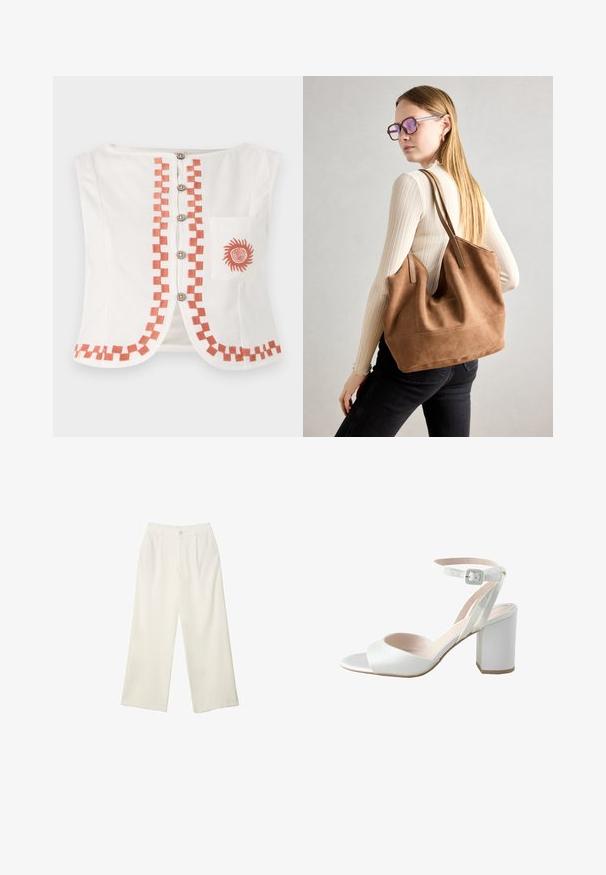 Witte mouwloze top met een geometrisch oranje patroon aan de voorkant en onderrand, met decoratieve knopen en een zak met een zonmotief.; Brede broekspijpen in crème stof met een gladde textuur, voorzien van een enkele frontknop, subtiele plooien en een hoge taille.; Witte hoge hak sandalen met een glanzende satijnen bovenkant, brede blokhak en enkelbandje met een kleine gesp. Glad van textuur, minimalistisch ontwerp.; Bruine suède totebag met zachte textuur, grote opening en lange hengsels. Het heeft een eenvoudig ontwerp met zichtbare stiksels en geen hardware.