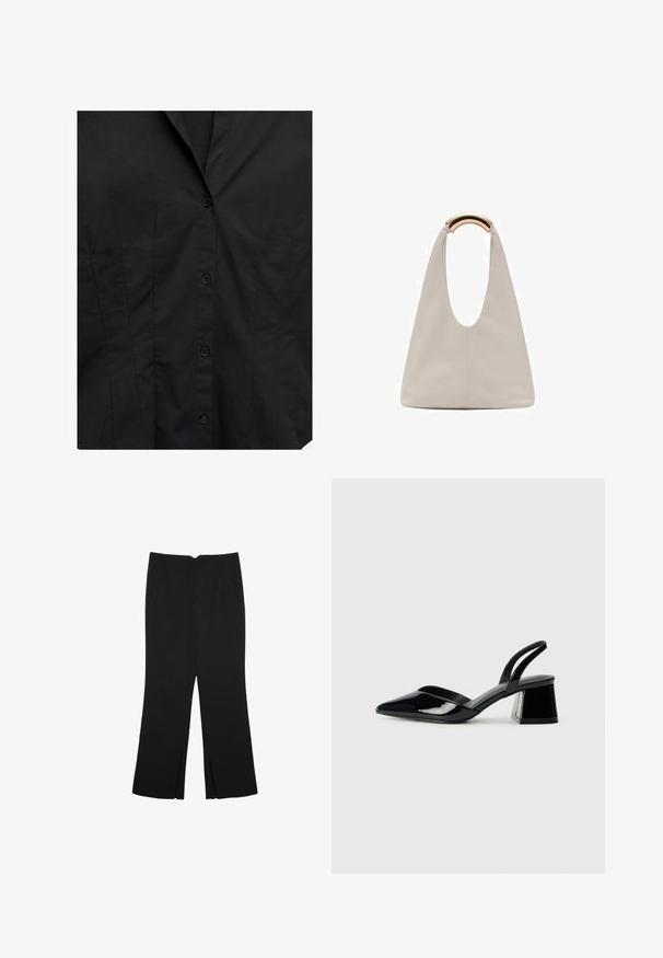 Musta istuva paita edestä napituksella ja hienovaraisella pystysaumadetaljilla yksinkertaisella kankaalla taustalla.; Mustat housut suoralinjaisella leikkauksella, joissa on etutaskut ja sivurei'ät helman alla. Valmistettu pehmeästä ja sileästä kankaasta. Sopii eri tilaisuuksiin.; Mustat patentoitu nahkakengät, joissa on säären takaosa ja terävä kärki, sekä geometrinen palikkakorko. Sisältää tyylikkään, minimalistisen muotoilun ja sileän pinnan.; Vaalea harmaa nahkalaukku, jossa on U-muotoinen muotoilu ja kaareva metallikahva. Suora pinta, jossa on minimaalinen ompelu ja ei näkyviä kuvioita.