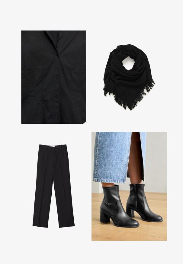 Zwarte aansluitende shirt voorkant met knoopsluiting en subtiele verticale naad details op een effen stof achtergrond.; Zwarte op maat gemaakte broek met een recht model, voorzien van dubbele plooien, een soepele textuur en subtiele details aan de voorzijde.; Zwarte leren enkelboots met een blokhak, voorzien van zij-elastische panelen en een gladde afwerking, gedragen met een lichtblauwe spijkerrok.; Zwarte sjaal van zachte stof, met een driehoekig ontwerp en fringes aan de randen. Het oppervlak is glad, zonder patronen of versieringen.; Zwarte metalen ketting met verlengde schakels, een centrale druppelaccent en een ronde hanger aan het einde, alles in een matte afwerking.