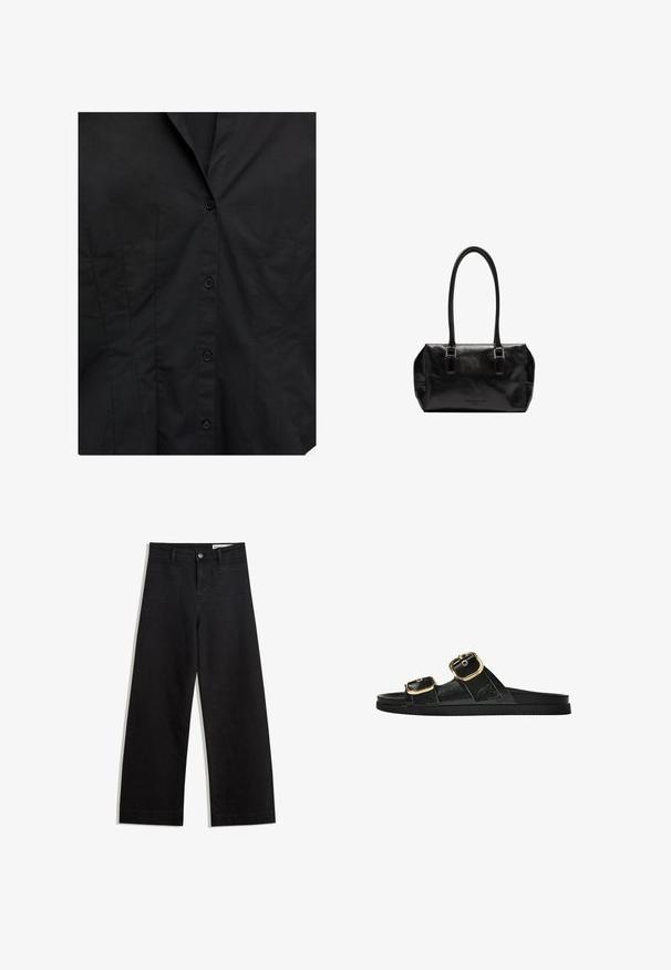 Czarna dopasowana koszula z przodu z zapięciem na guziki i subtelnym pionowym szwem na jednolitym tle.; Czarne dżinsowe spodnie o szerokich nogawkach i wysokim stanie, z przednimi i tylnymi kieszeniami, przeszyciami oraz zapięciem na guziki. Gładka struktura.; Czarne klapki z dwoma złotymi klamrami, gładki materiał, płaska podeszwa i minimalistyczny design.; Liebeskind Berlin KAYLA czarny