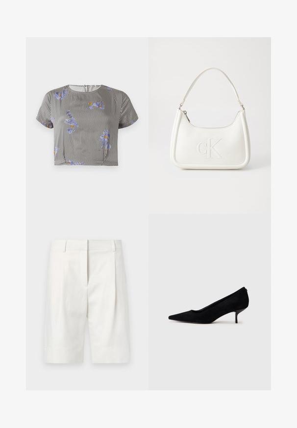 Gestreepte cropped top in zwart en wit met een blauw bloemenpatroon en oranje accenten. Korte mouwen, ronde halslijn, lichtgewicht stof.; Lichtgekleurde op maat gemaakte shorts van katoen, met een vlakke voorkant, plooien en een rechte snit. Gladde textuur met een klassieke afwerking.; Zwarte suède hoge hak met een spitse neus en een slanke, lage hak. Gladde textuur met een strakke vormgeving, zonder zichtbare hardware.; Witte lederen handtas met een gebogen vorm, voorzien van een reliëf "CK" logo aan de voorkant en een enkele schouderriem. Ritsluiting aan de bovenkant.