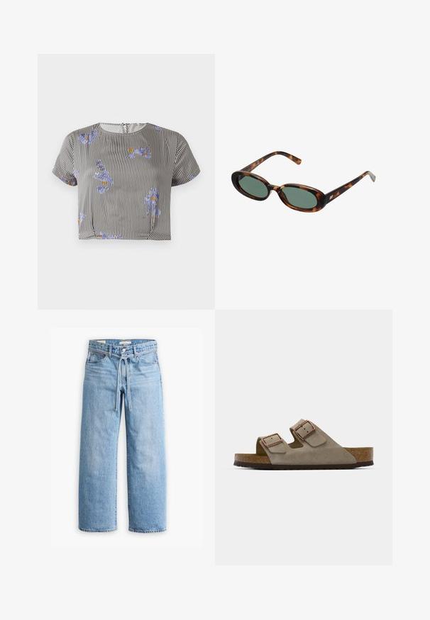 Gestreiftes, kürzeres Oberteil in Schwarz und Weiß mit blauem Blumenmuster und orangefarbenen Akzenten. Kurze Ärmel, runder Ausschnitt, leichtes Material.; Hellblaue Jeans im weiten Schnitt mit hoher Taille, Knopf- und Reißverschluss sowie einer Kordelzugdetails an der Taille. Roh geschnittener Saum.; Wildledersandale in Hellgrau mit zwei verstellbaren Schnallen, einer Kork-Zwischensohle und einer strukturierten Gummiaußensohle.; Schildpatt-Sonnenbrille mit ovalen Rahmen und grünen Gläsern. Verfügt über dünne Bügel mit einem metallischen Akzent in der Nähe der Scharniere.; Gewebte gelbe Handtasche mit einem geschwungenen Oberhandgriff und einer unstrukturierten Form. Die strukturierte Oberfläche weist ein kreuz und quer Muster auf.