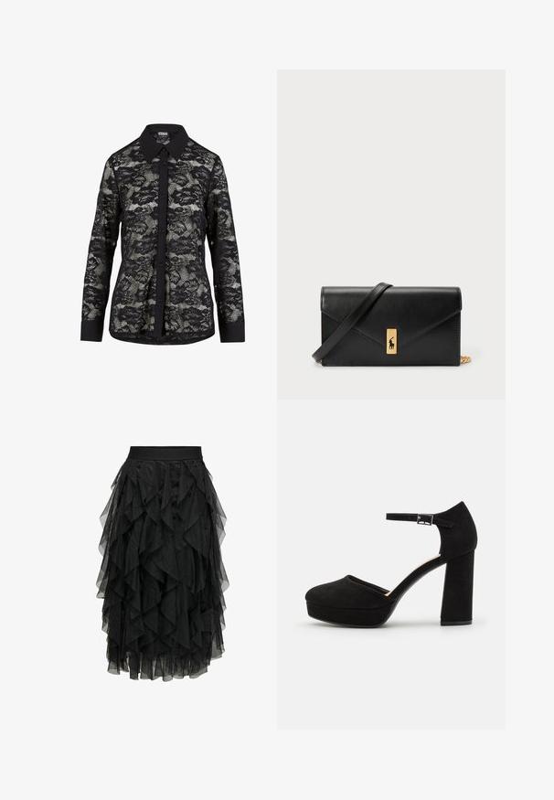 Sort blonde skjorte med krave, prydet med et blomstermønster, knaplukning foran og lange ærmer med en solid sort manchet.; Sort midi nederdel lavet af lagdelt tyl med en volangdesign. Har en elastisk talje. Det gennemsigtige stof tilføjer tekstur og bevægelse.; Sorte ruskinds platform hæle med en tyk blokhæl, rund tå og ankelrem fastgjort med en metalspænde. Glat tekstur hele vejen igennem.; Sort lædertegnebog med en fold-over klap, guldfarvet hardware og en logoaccent. Inkluderer en aftagelig rem til bæring.