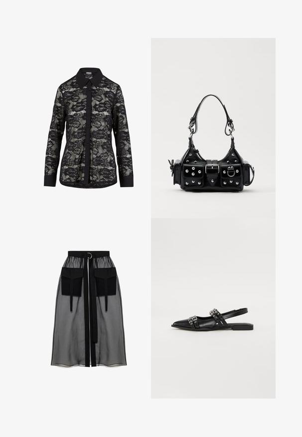 Sort blonde skjorte med krave, prydet med et blomstermønster, knaplukning foran og lange ærmer med en solid sort manchet.; Sort gennemsigtig nederdel med en rynket talje, der har to store forlommer, et taljebånd og en cirkulær metaldetalje.; Even&Odd Ballerinasko - black; Sort læderhåndtaske med et buet design, prydet med sølvfarvede nitter, en spænde og to sidelommer. Justerbar rem til forskellige bære muligheder.