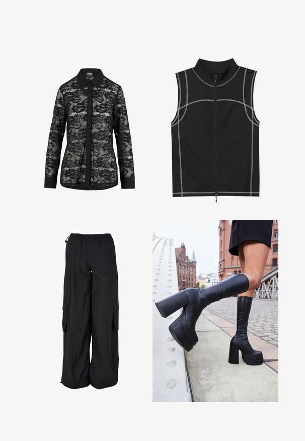 Camisa de encaje negra con cuello, que presenta un patrón floral, cierre frontal con botones y mangas largas con un detalle de puño negro liso.; Chaleco negro sin mangas hecho de una tela suave, con detalles de costura plateada y un cierre de cremallera frontal, diseñado con un cuello alto.; Pantalones cargo negros con cintura elástica, corte holgado, tejido ligero, bolsillos laterales y un acabado texturizado sutil.; Botas de plataforma negras hasta la rodilla, hechas de cuero suave, con gruesos tacones cuadrados y un diseño elegante, situadas frente a un fondo de ciudad.
