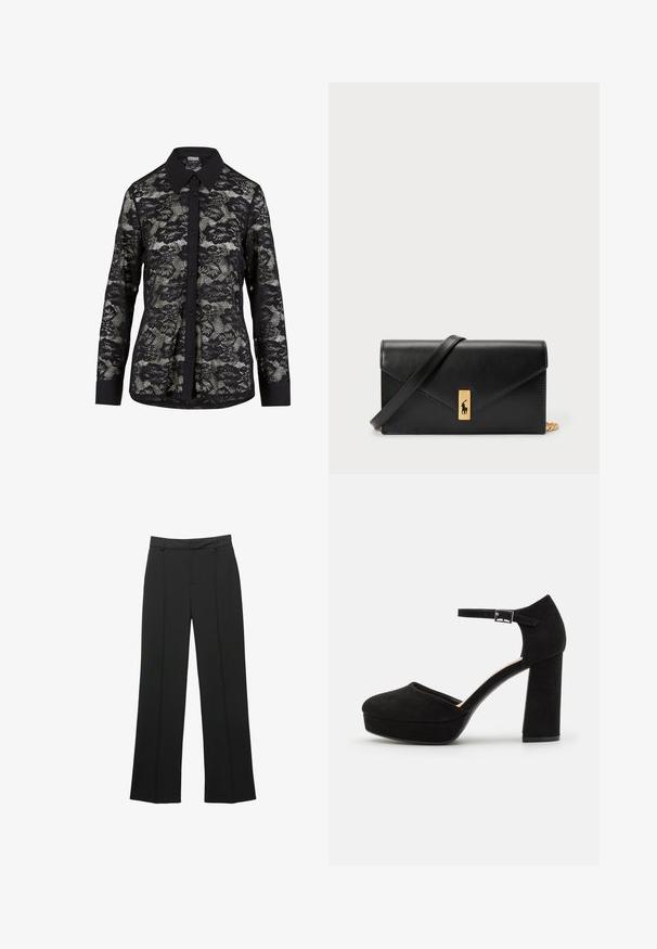 Čierna čipkovaná košeľa s golierom, zdobená kvetinovým vzorom, so zapínaním na gombíky vpredu a dlhými rukávmi s jednofarebnými čiernymi manžetami.; Čierne nohavice so širokými nohavicami vyrobené z jemnej látky, s rovnou prednou časťou, pútkami na opasok a bez viditeľných vreciek, so strihaným priliehavým strihom.; Čierne semišové platformové opätky s hrubým blokovým opätkom, zaoblenou špičkou a remienkom okolo členka zabezpečeným kovovou prackou. Hladký povrch po celom obvode.; Čierna kožená peňaženka s preklápacou klopou, zlatými kovovými detailmi a logom. Obsahuje odnímateľný popruh na nosenie.