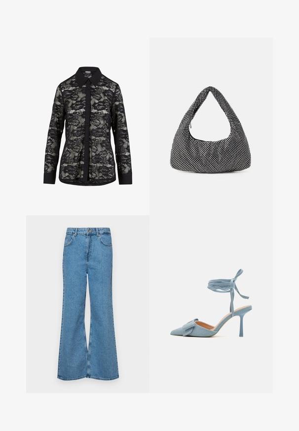 Camisa de encaje negra con cuello, que presenta un patrón floral, cierre frontal con botones y mangas largas con un detalle de puño negro liso.; Jeans acampanados de color azul claro hechos de denim, con una cintura alta, cinco bolsillos y un cierre de botón. Textura suave con acabado desgastado.; Zapato de tacón alto de punta afilada en tela azul claro con un acabado texturizado, que presenta un lazo decorativo y una correa en el tobillo para un ajuste seguro.; Bolso negro con forma curva de hobo, tejido texturizado con tachuelas plateadas. Asa superior singular, cierre de cremallera y silueta suave.