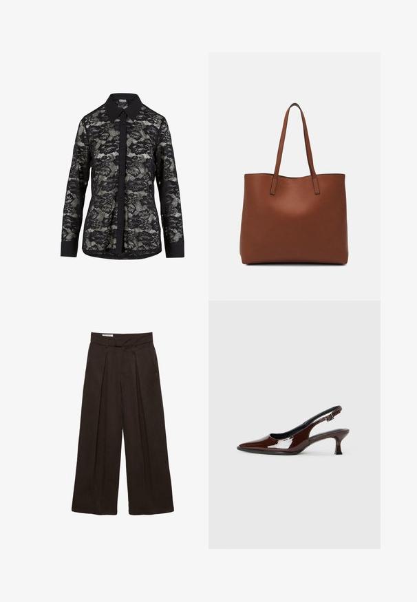 Black lace shirt with a collared neckline, featuring a floral pattern, button-down front, and long sleeves with a solid black cuff detail.; High-waisted wide-leg dark brown trousers with belt loops, front pleats, and a concealed front fastening.; Brown patent leather slingback shoe with a pointed toe and a moderate heel. Features a buckle strap for secure fit. Smooth texture.; Brown leather tote bag with a smooth texture, open top design, and two shoulder straps. Features minimal stitching and no visible hardware.