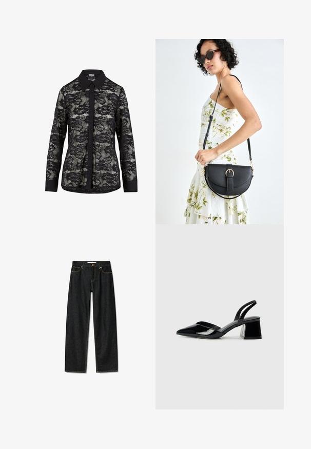 Sort blonde skjorte med krave, prydet med et blomstermønster, knaplukning foran og lange ærmer med en solid sort manchet.; Mørke denim jeans med lige snit, messingknaplukning og kontrasterende gul syninger. Har fem lommer og et klassisk fit.; Sorte patentlæder slingback hæle med spids tå og en geometrisk blok hæl. Har et elegant, minimalistisk design og en glat tekstur.; Sort læderhåndtaske med en buet form, aftagelig rem og guldfinish. Tasken har en klap med en spænde detalje.