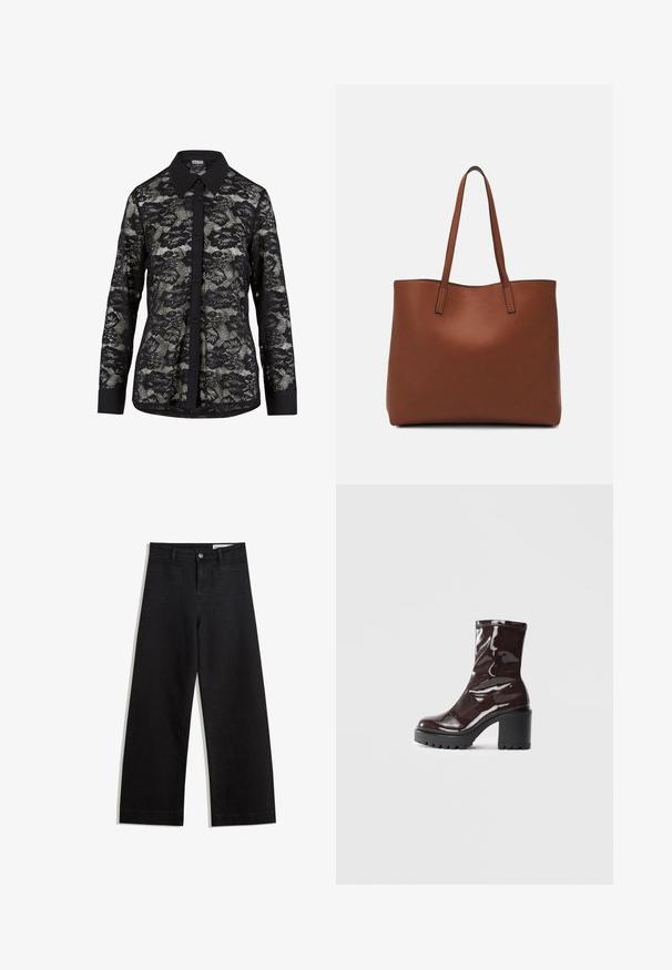 Musta pitsipaita, jossa on kauluksellinen pääntie, kukkakuvio, nappikiinnitys edessä ja pitkät hihat, joissa on yksivärinen musta hihansuu.; Mustat leveät farkut korkealla vyötäröllä, joissa on etu- ja takataskut, ommellut saumat ja nappisuljenta. Silkinoinen rakenne.; Satea bordeaux berwarna mengkilap dengan tumit hitam tebal, menampilkan tekstur halus dan desain sederhana. Tanpa pengikat atau pola yang terlihat.; Ruskea nahkainen olkalaukku, jossa on sileä pinta, avoin yläosa ja kaksi olkahihnaa. Omaavat vain minimaalisen ompelun eikä näkyvää metalliosaa.