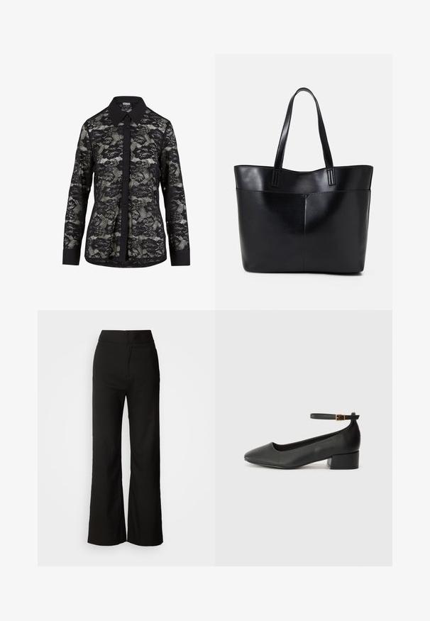 Zwarte kanten blouse met een kraag, voorzien van een bloempatroon, knoopsluiting aan de voorkant en lange mouwen met een effen zwarte manchetdetail.; Zwarte wijde broek met een gladde textuur, hoge taille en een strakke uitstraling. Geen zichtbare zakken of versieringen.; Zwarte leren pump met een spitse neus en een lage blokhak. Beschikt over een enkelband met een goudkleurige gespsluiting. Gladde textuur.; Zwarte leren tote bag met twee lange handvatten, een zachte textuur en een gestructureerde vorm. Voorzien van een voorvak voor extra opslagruimte.