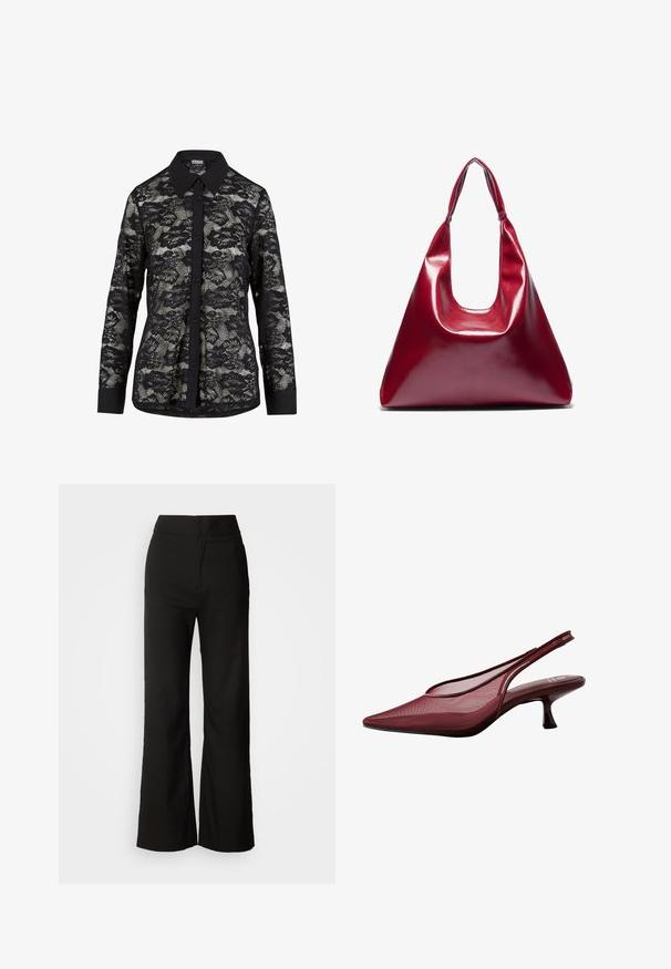 Sort blonde skjorte med krave, prydet med et blomstermønster, knaplukning foran og lange ærmer med en solid sort manchet.; Sorte bukser med bred benvidde, glat tekstur, høj talje og et enkelt design. Ingen synlige lommer eller udsmykninger.; Burgundy slingback pumps med spids tå og mesh-overdel. Har en slank hæl og udskæringsdesign, der giver en elegant silhuet.; Rød blank lædertaske med en trekantet form, bred åbning foroven og et enkelt buet håndtag. Glat tekstur med minimale sømdetaljer.