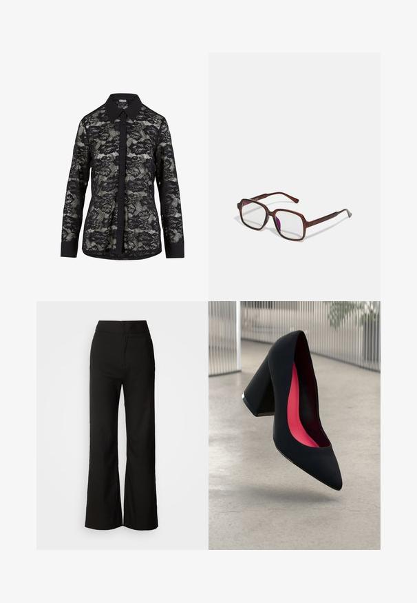 Sort blonde skjorte med krave, prydet med et blomstermønster, knaplukning foran og lange ærmer med en solid sort manchet.; Sorte bukser med bred benvidde, glat tekstur, høj talje og et enkelt design. Ingen synlige lommer eller udsmykninger.; Sort højhælet sko med spids tå, struktureret overflade og et livligt pink interiør. Har en kraftig hæl med sølvdetaljer.; Brune, rektangulære briller med gennemsigtige linser og lilla nuancer. Glat plastisk stel med lige tempelstænger og diskrete detaljer.