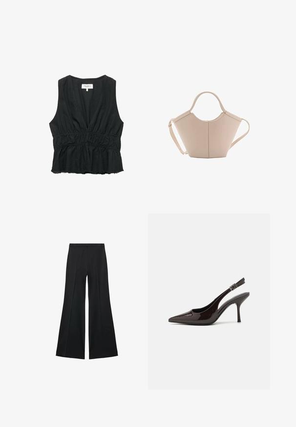 Schwarzes, ärmelloses Top mit tiefem V-Ausschnitt und gerafftem Bund. Hergestellt aus einem weichen Stoff, mit einem ausgestellten Saum mit rohen Kanten.; Schwarze weit geschnittene Hose mit glatter Textur, ausgestattet mit Frontfalten und einem taillierten Design. Der Stoff ist leicht und fließend.; Slingback-Pumps aus glänzendem dunklen braunen Lackleder, mit spitzer Zehenpartie, offenen Seiten und verstellbarem Knöchelriemen.; Beige Lederhandtasche mit einer einzigartigen Form, die zwei kurze Henkel und einen langen verstellbaren Riemen aufweist. Glatte Textur mit minimalen Hardware-Elementen.