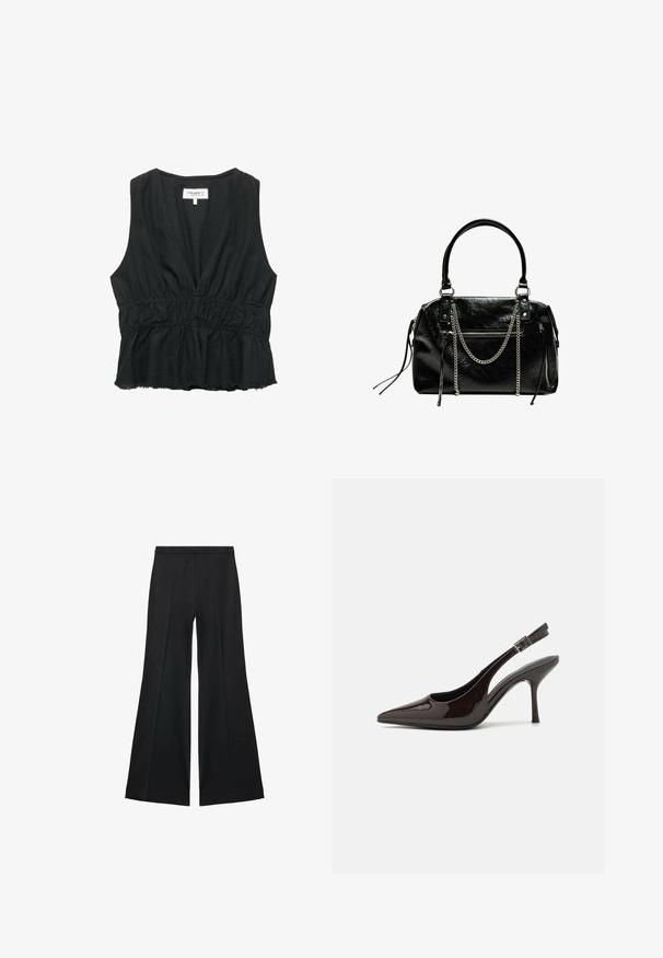 Zwarte mouwloze top met een diepe V-hals en een gathered taille. Gemaakt van zachte stof, met een flared zoom en onafgewerkte randen.; Zwarte wijde-pijpen broek met een gladde textuur, gekenmerkt door voorplooien en een op maat gemaakte uitstraling. De stof is lichtgewicht en vloeiend.; Slingback hoge hak schoen in glanzend donkerbruin patentleer, puntige neus, open zijkanten en verstelbare enkelband.; Bershka WITH CHAIN - Handtas - black