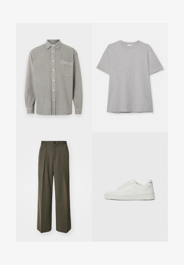 Camicia a maniche lunghe in cotone grigio, con chiusura a bottoni frontale, colletto a punta e una tasca sul petto. Tessuto morbido con vestibilità rilassata.; T-shirt grigio a maniche corte realizzato in morbido tessuto testurizzato. Presenta un classico colletto a girocollo e un orlo dritto, adatto per un abbigliamento casual.; Filippa K WIDE TROUSERS - Pantaloni - driftwood; Sneaker in pelle bianca con una finitura liscia, punta rotonda, lacci piatti e suola testurizzata. Presenta un logo discreto sul tallone.