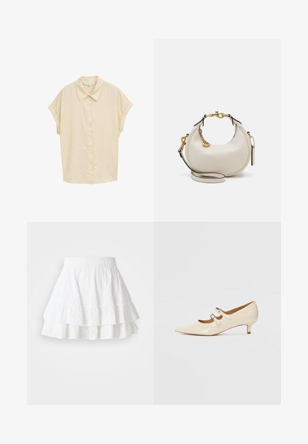 Srajca s kratkimi rokavi in gumbom v svetlem bež odtenku. Ima klasičen ovratnik, mehko teksturo in sproščen kroj. Gumbi so beli. Enostaven dizajn.; Bela večplastna krila iz lahkega materiala z vzorcem očesnih lukenj in nabrano obrobo. Ima elastičen pas za udobje.; Bež lakirane Mary Jane čevlje z dvema nastavljivima zaponkama, koničastim nosom in nizko peto. Gladka tekstura z sijajno površino.; Krema usnjena torbica v obliki polm curate, z zlatimi dodatki, črnimi detajli in odstranljivim trakom. Ima verižni detajl in oznako.; Zlato obarvani uhani set, ki vključuje tri pare: teksturirane ovalne uhane, uhane valovitega dizajna in velike obroče z večplastnimi robovi.
