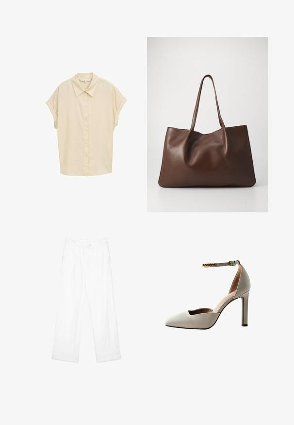 Kortærmet skjorte med knapper i lys beige. Har en klassisk krave, blød tekstur og en afslappet pasform. Knapperne er hvide. Enkel design.; Hvide linnedbukser med en løs pasform, der har et lige ben design, frontlommer og en flad talje. Glat tekstur hele vejen igennem.; Lys grå højhælet sko med spidse tæer, åben vamp-design, ankelrem og guld kæde accent. Glat læder tekstur.; Brun læder tote bag med et blødt, slapt design. Har to lange håndtag og en glat tekstur uden synligt hardware eller mønstre.