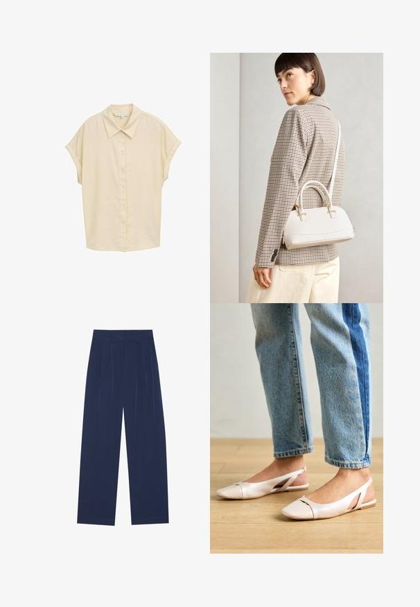 Lühikeste varrukatega, nööbiga särk heleses värvitoonis. Omab klassikalist krae, pehmet tekstuuri ja lõdva lõiget. Nööpide värv on valge. Lihtne disain.; Tumedat sinised laiad püksid pehmest kangast, millel on esipleekid, sile pind ja sirge lõige, ilma nähtavate taskuteta.; Kahvatu roosa slingback lapikute jalatsite paar, millel on terav varvas, valmistatud siledast nahataolisest materjalist. Omab külgedel lõikekohti ja lapikut kontsa.; Valge struktureeritud käekott lühikeste käepidemete ja õlavööga, millel on kuldse riistvara aktsendid ja tekstuuriga materjal, eksponeeritud halli taustal.