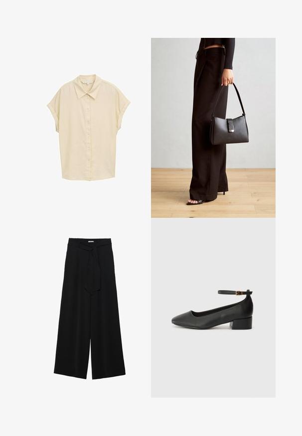 Short-sleeve, button-up shirt in light beige. Features a classic collar, soft texture, and a relaxed fit. Buttons are white. Simple design.; Black wide-leg pants featuring a textured fabric, an elastic waistband, and a detachable sash tie at the waist for adjustable fit.; Black leather pump with a pointed toe and a low block heel. Features an ankle strap with a gold-tone buckle. Smooth texture.; Black handbag with structured shape, smooth texture, and a metallic clasp. Paired with wide black pants and open-toe sandals on wooden floor.