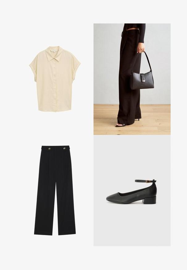 Košulja kratkih rukava s dugmadi u svijetloj bež boji. Ima klasičan kragna, meku teksturu i opušteni kroj. Dugmad su bijela. Jednostavan dizajn.; Crne hlače širokih nogavica s visokim strukom, s dugmadi na pojasu i prednjim nabora.; Crne kožne pumpe s oštrim vrhom i niskom blok petom. Sadrže remen oko gležnja s zlatnim kopčanjem. Glatka tekstura.; Crna torba s oblikom koji sadrži strukturu, glađu teksturu i metalnu kopču. Uparena s širokim crnim hlačama i sandalama na otvorenom s drvenog poda.