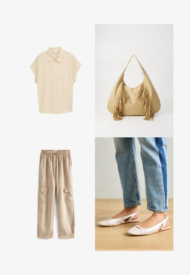 Kortærmet skjorte med knapper i lys beige. Har en klassisk krave, blød tekstur og en afslappet pasform. Knapperne er hvide. Enkel design.; Beige cargo bukser lavet af letvægtsstof, med elastisk talje, snor og flere store frontlommer.; Lyserøde slingback flade sko med spidse tær, lavet af et glat læderlignende materiale. Har udskæringsdetaljer på siderne og en flad hæl.; Tan ruskind skuldertaske med en stor åbning og lange frynse detaljer på begge sider, kendetegnet ved en glat tekstur og et enkelt håndtag.